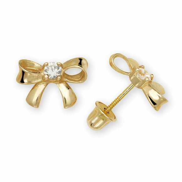 14K Solid Gold Dainty 8x6mm Bow Minimal Stud Screw Back Earrings - Picture 2 of 3